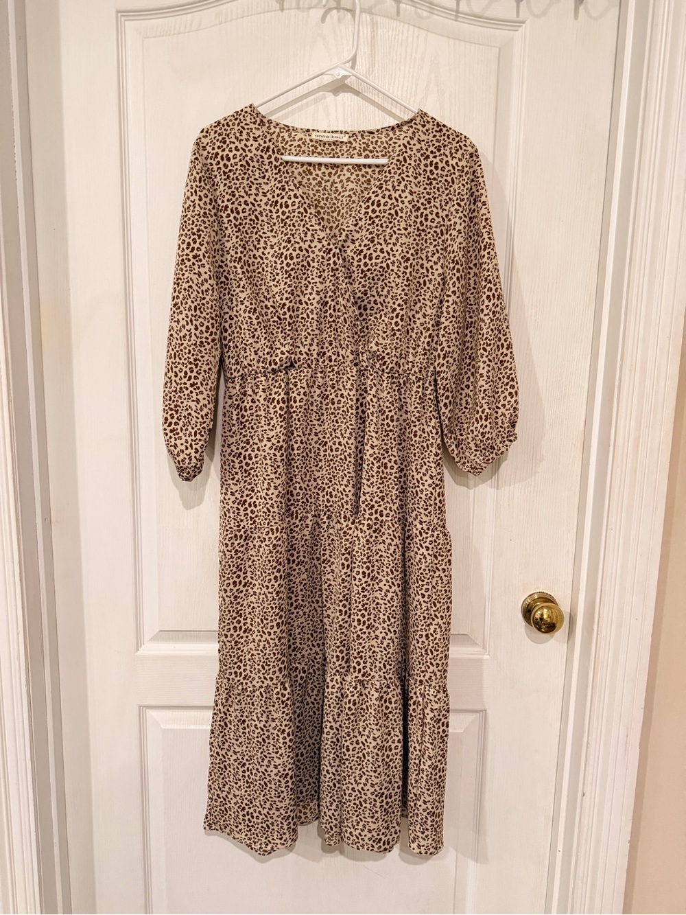 Leopard Print Tiered Midi Dress in Beige and Brown